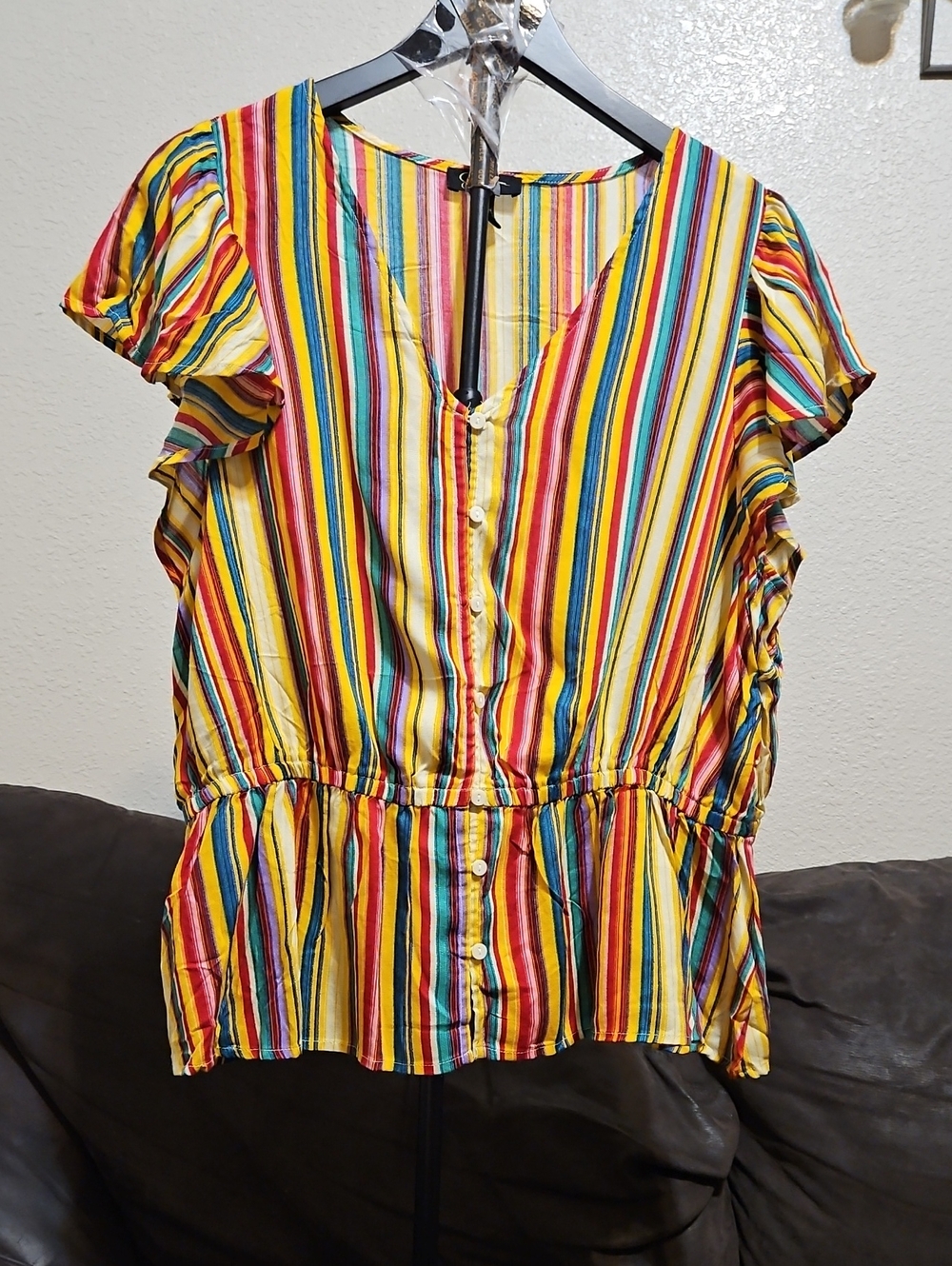 Jessica Simpson Yellow Multi-Stripe Button Peplum Blouse